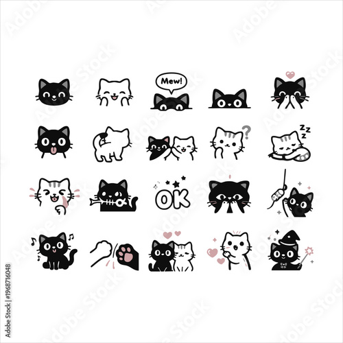 Collection of cute black and white cat emoticons, facial expressions, and gestures.