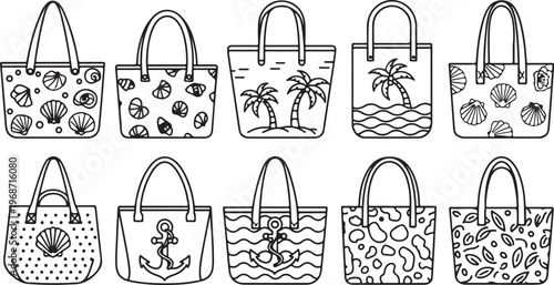 Line art illustrations of different types of handbags and purses Vector