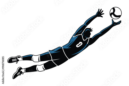 Goalkeeper jumping high for catching ball in air during soccer match action sports graphic illustration for team player training design