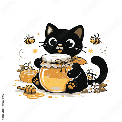 Cute black cat with honey jar and bees, surrounded by honeycomb.