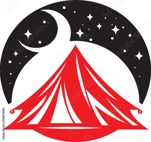 Red Camping Tent Silhouette with Black Crescent Moon and Stars Vector Illustration