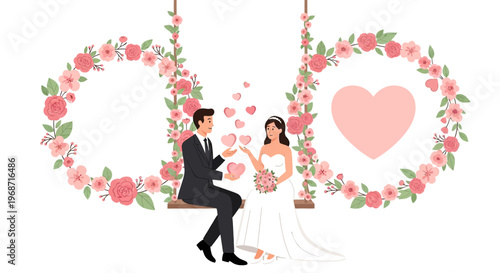 Wedding Couple on Swings with Floral Hearts