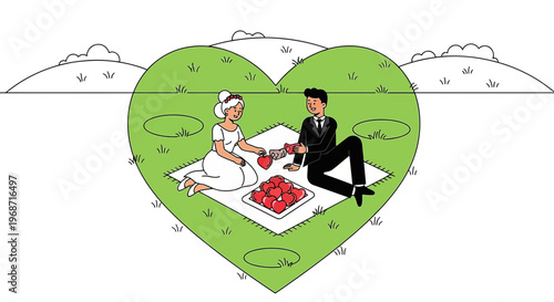 Wedding Couple Picnic in Heart Shape Meadow - Love and Romance Illustration