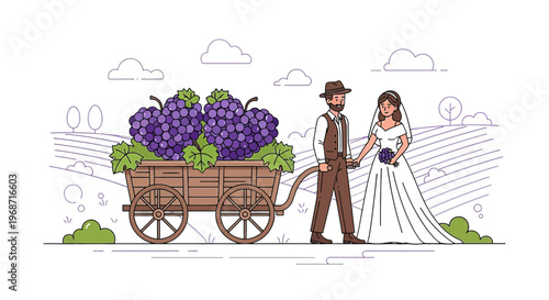 Wedding Couple Pulling Grapes Cart in Vineyard Illustration