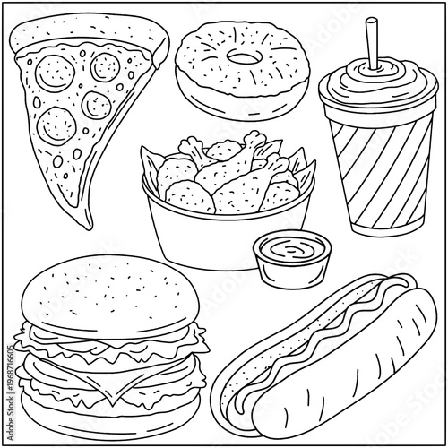 vector illustration of a food, pizza, burger, donut, soft drink, chicken nuggets