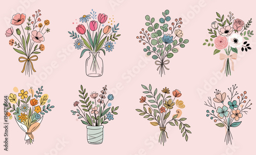 title:
hand drawn pastel floral bouquets and flower arrangements collection
