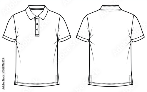 Technical cad drawing of cloth polo shirt front and back views for fashion design manufacturing