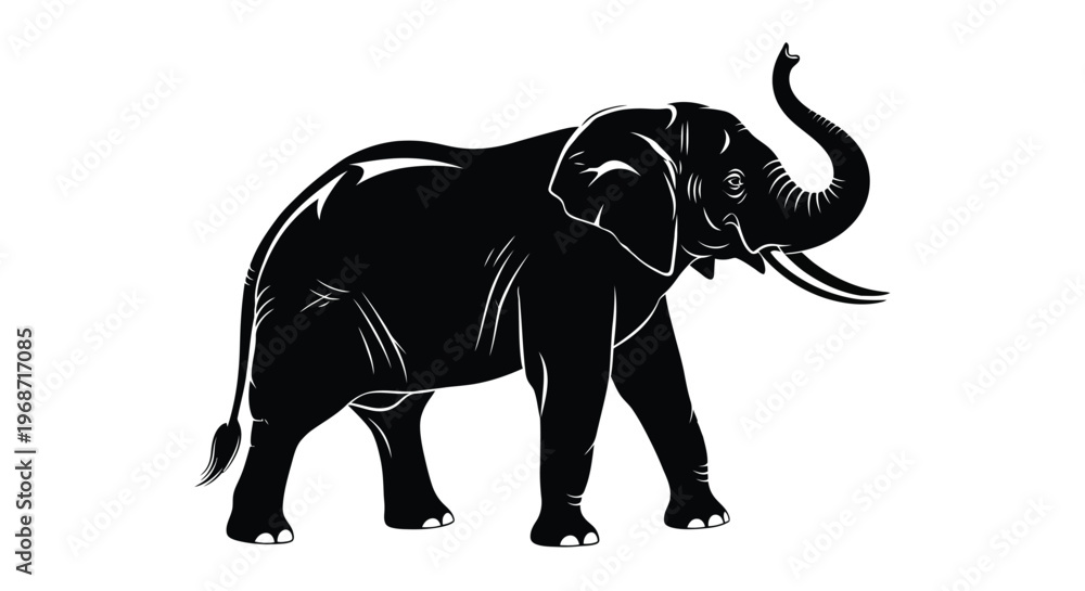Fototapeta premium Detailed black silhouette of an elephant with raised trunk side view silhouette