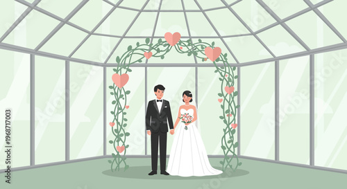 Wedding Couple Standing Under Floral Arch with Hearts