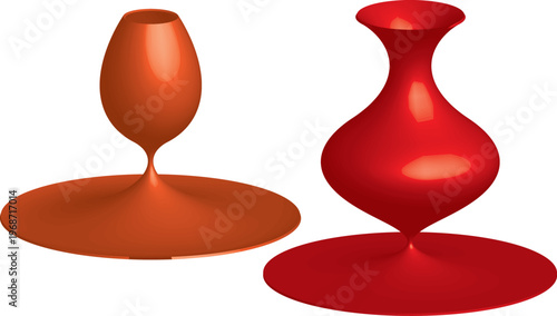 3D abstract red and orange vase shapes with elegant curved geometric silhouettes on flat circular bases