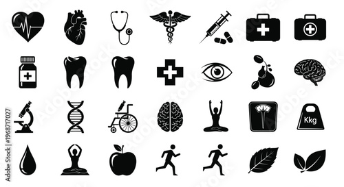 Collection of medical icons and health symbols in a bold silhouette