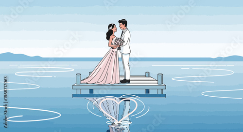 Wedding Couple on Pier Over Heart Light Bulb Symbolizing Love and Commitment