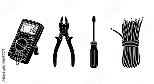 Electrical tools including multimeter pliers screwdriver and wire black silhouette