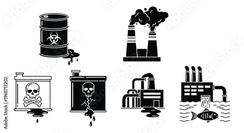 Industrial pollution icons featuring toxic waste and factories black silhouette