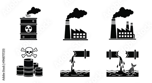 Industrial pollution symbols depicting environmental damage and waste black silhouette