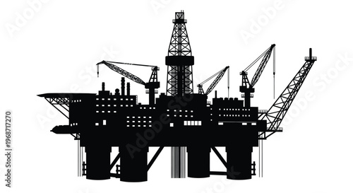 Detailed offshore oil rig structure against a white background a stark silhouette