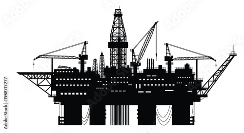 Detailed black silhouette of an offshore oil rig platform industrial structure silhouette