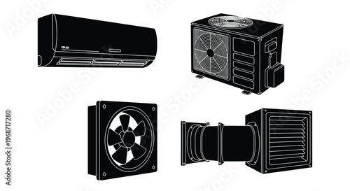 Four black air conditioning units depicted in a stark silhouette