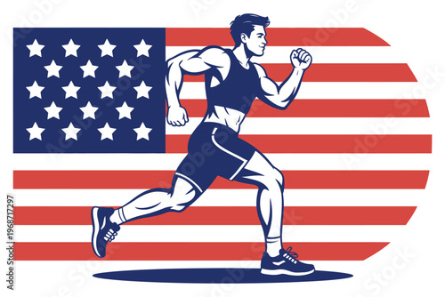 Muscular male runner athlete sprinting forward in front of abstract usa flag graphic illustration for fitness and sport vector design asset