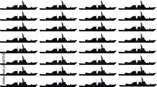 Military warship silhouette collection featuring naval destroyer vessels, navy fleet ships, ocean combat cruisers, and maritime defense icons for tactical illustrations and designs.
