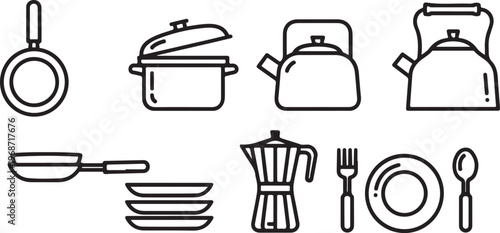 A collection of simple line drawings featuring various types of chairs and a bicycle Vector