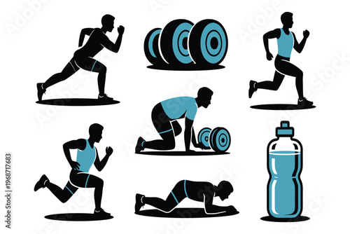 Set of male athlete workout fitness icons showing running weightlifting pushup exercises and water bottle for healthy gym training routine