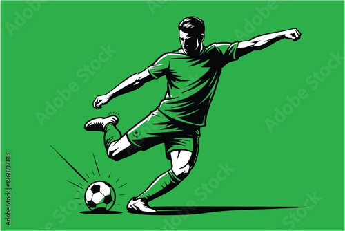 Soccer player kicking ball graphic illustration on green background showing professional sports athlete in dynamic action motion pose art