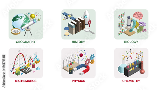 School subjects and academic disciplines isometric icons vector set. Education concept with geography, history, biology, mathematics, physics, chemistry icons