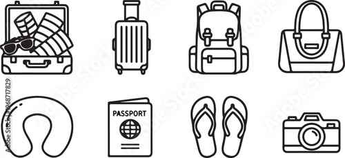 Essential travel items including suitcase, bag, wallet, passport and camera Vector