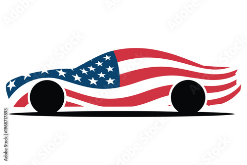 Sporty sedan car side profile with American flag pattern design for patriotic vehicle wrap concept and national holiday graphic art work