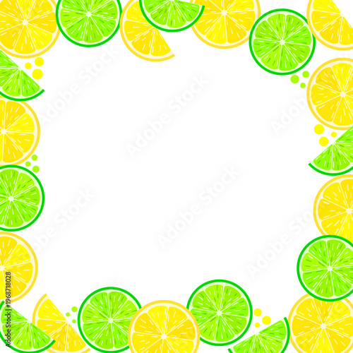 Square frame with lemon and lime slices, citrus vector border on white background, fresh fruit wreath for social media post, label or greeting card