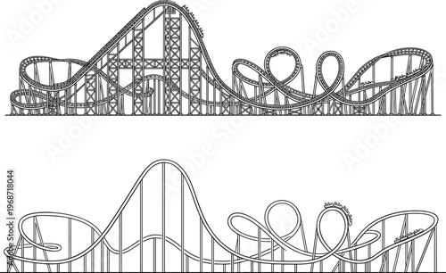 Roller coaster line art set featuring detailed amusement park rides, thrill seeker loops, carnival track structures, and fairground attractions for theme park designs.