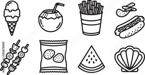 Collection of various common objects illustrated in a simple line drawing style Vector