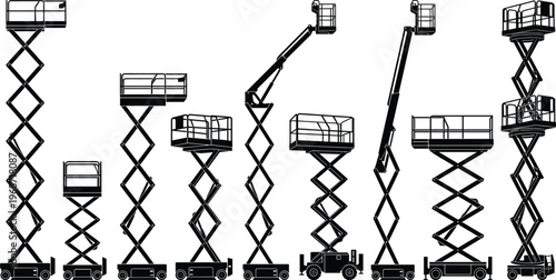 Scissor lift silhouette set, industrial aerial work platform icons, construction machinery elevators, hydraulic manlift equipment, cherry picker symbols, architectural building maintenance tools.