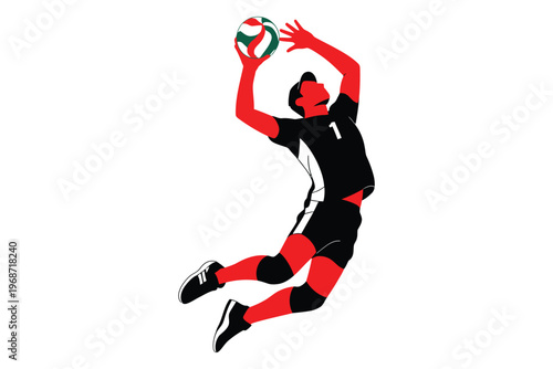 Volleyball player in mid air preparing to spike the ball showing intense focus and athletic form vector graphic
