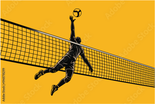 Volleyball player performing a powerful spike over the net during a game on a vibrant yellow background vector illustration