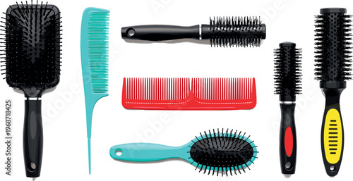 Hairbrush and Comb Illustration Set with Various Styles, Colors, and Designs for Personal Care and Beauty Concepts