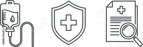 Medical icons set including iv bag, shield with cross, and medical document