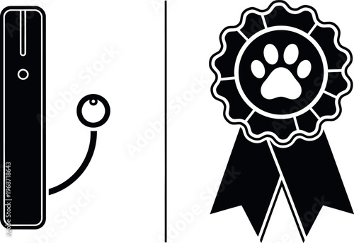 Black and white icons of a remote control and a pet award ribbon