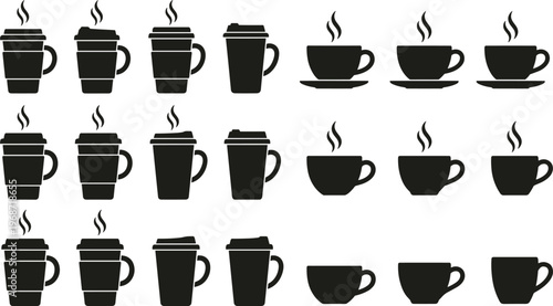 Silhouette collection of various coffee cups and disposable takeout mugs with steam icons for cafe menus and restaurant branding isolated on white.