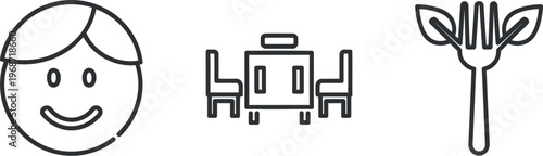 Black line icons of smiling face, table with chairs, and fork with leaves