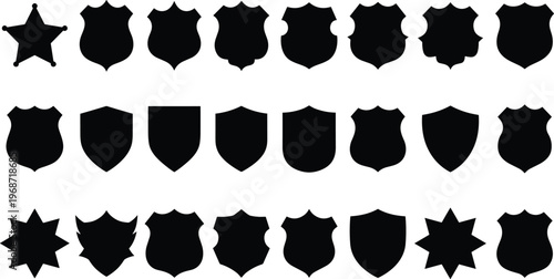 Silhouette collection of various police badges and security shield icons with star shapes and heraldic crests isolated on white background for design.