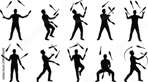 Silhouette of a professional male juggler performing various complex circus tricks and stunts with juggling clubs isolated on a clean white background.