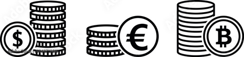 Vector illustration of dollar, euro, and bitcoin coins stacked