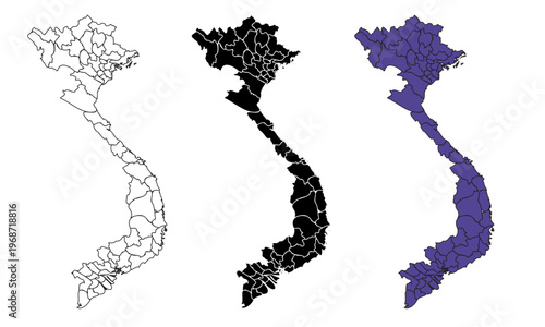 A set of vector maps of Vietnam with prefecture boundaries in three styles