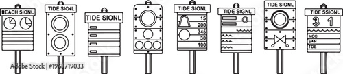 Tide signal control mechanisms alongside railway tracks for safety and navigation Vector