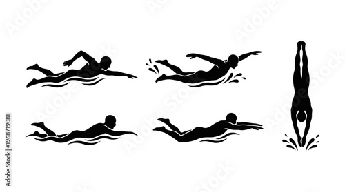 Black silhouettes of swimmers performing various strokes and a dive, with dynamic water splashes and movement.