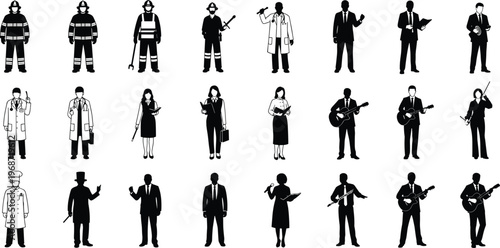 silhouette, profession, people, set, career, job, employment, doctor, firefighter, businessman, musician, worker, chef, isolated, white, background, vector, illustration, character, icon