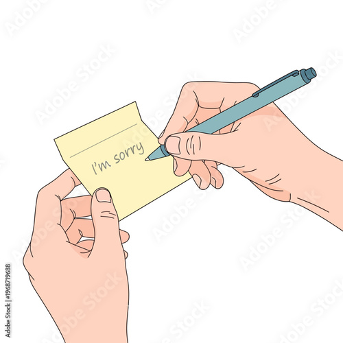 Hands writing 'I'm sorry' on a yellow sticky note with a pen