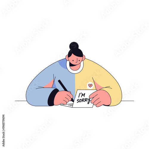 Illustration of a person writing "I'm Sorry" with a heart symbol on a card.